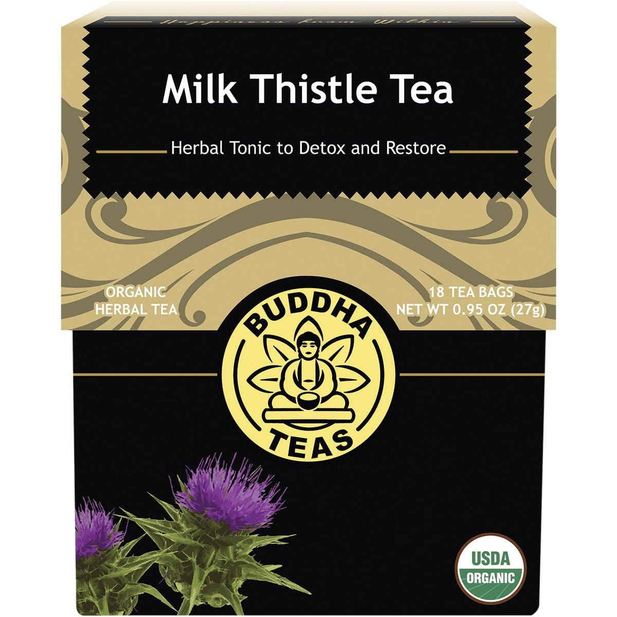 Box of Buddha Teas Organic Milk Thistle Tea with 18 bags, featuring a purple thistle illustration.