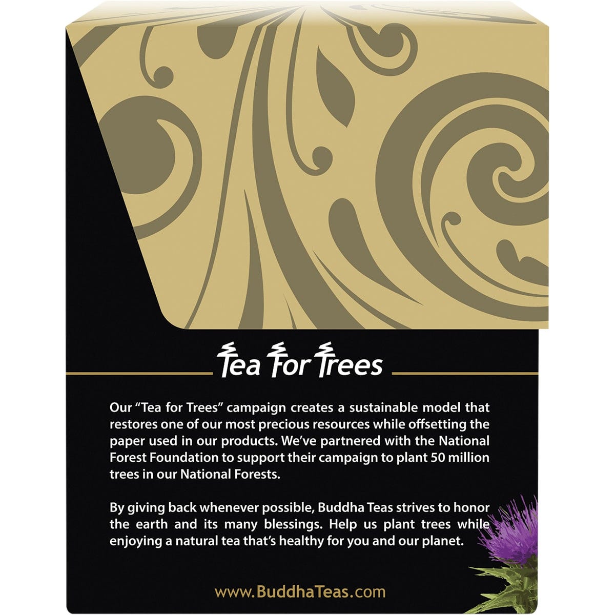 18-pack box of Buddha Teas Organic Milk Thistle Tea featuring a purple thistle illustration on a white background.