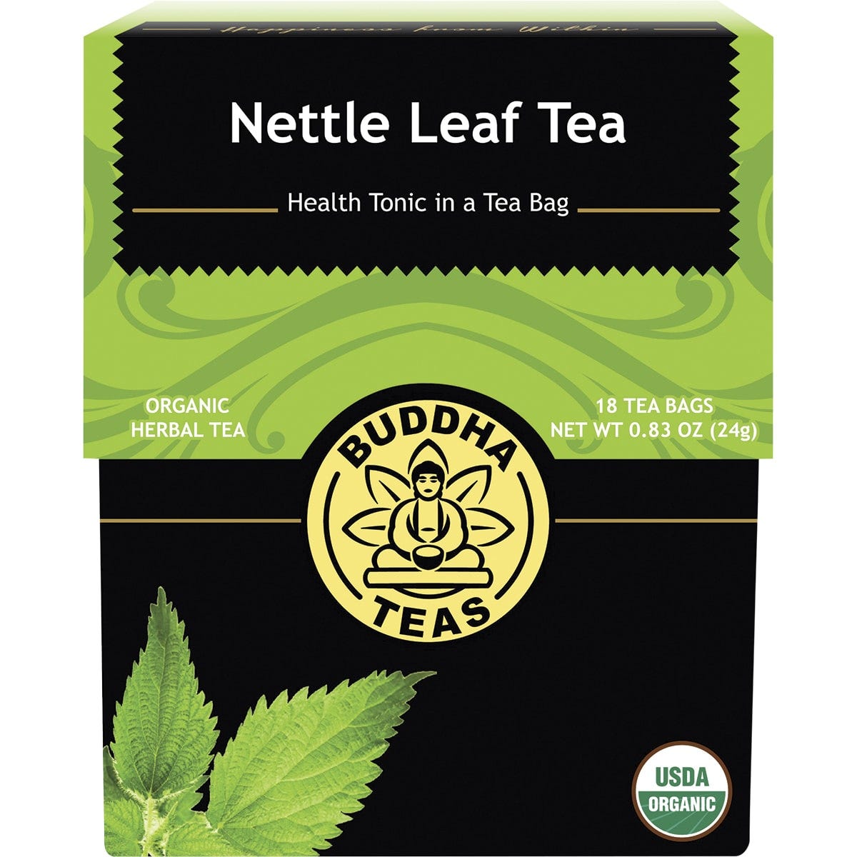 Buddha Teas Organic Nettle Leaf Tea 18-pack box featuring a green botanical illustration on a white background.