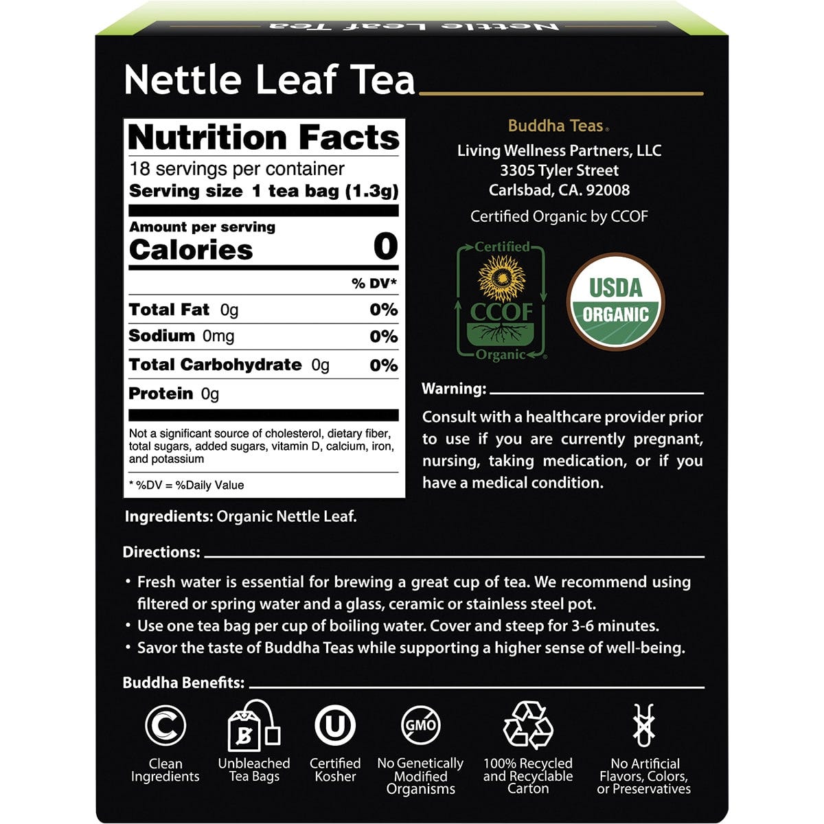 Side view of a Buddha Teas Organic Nettle Leaf Tea box showing organic certification and 18 bleach-free tea bags.