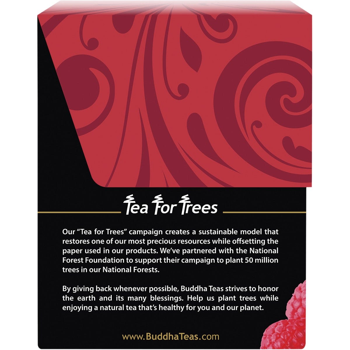 18-pack box of Buddha Teas Organic Raspberry Leaf Tea with a pink and white label on a white background.