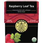 Buddha Teas Raspberry Leaf Organic Tea 18-pack box featuring a pink label and leaf illustration on a white background.