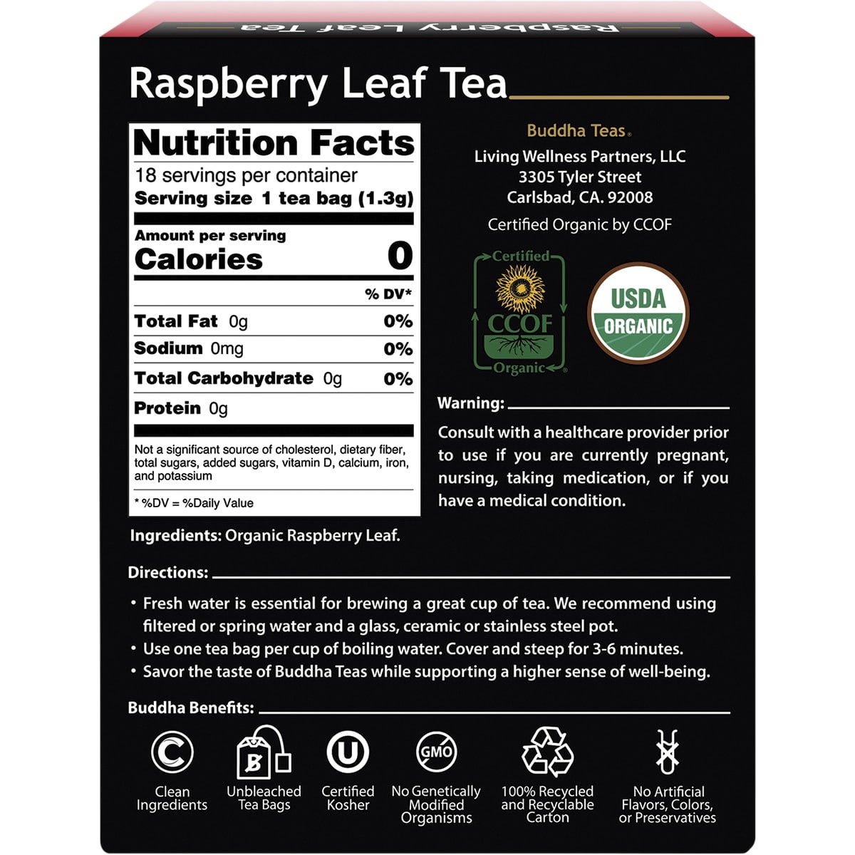 Buddha Teas Raspberry Leaf Organic Tea 18-pack box with a pink label on a white background.