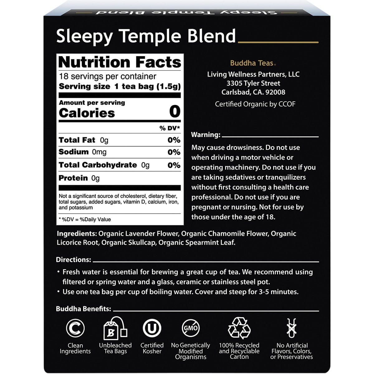 18-pack box of Buddha Teas Organic Sleepy Temple Blend herbal tea on a white background.