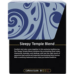 Back of Buddha Teas Sleepy Temple Blend box showing ingredients, nutrition facts, and product benefits.