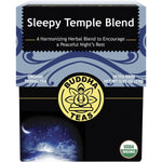 18-pack box of Buddha Teas Organic Sleepy Temple Blend herbal tea bags featuring lavender and chamomile illustrations.