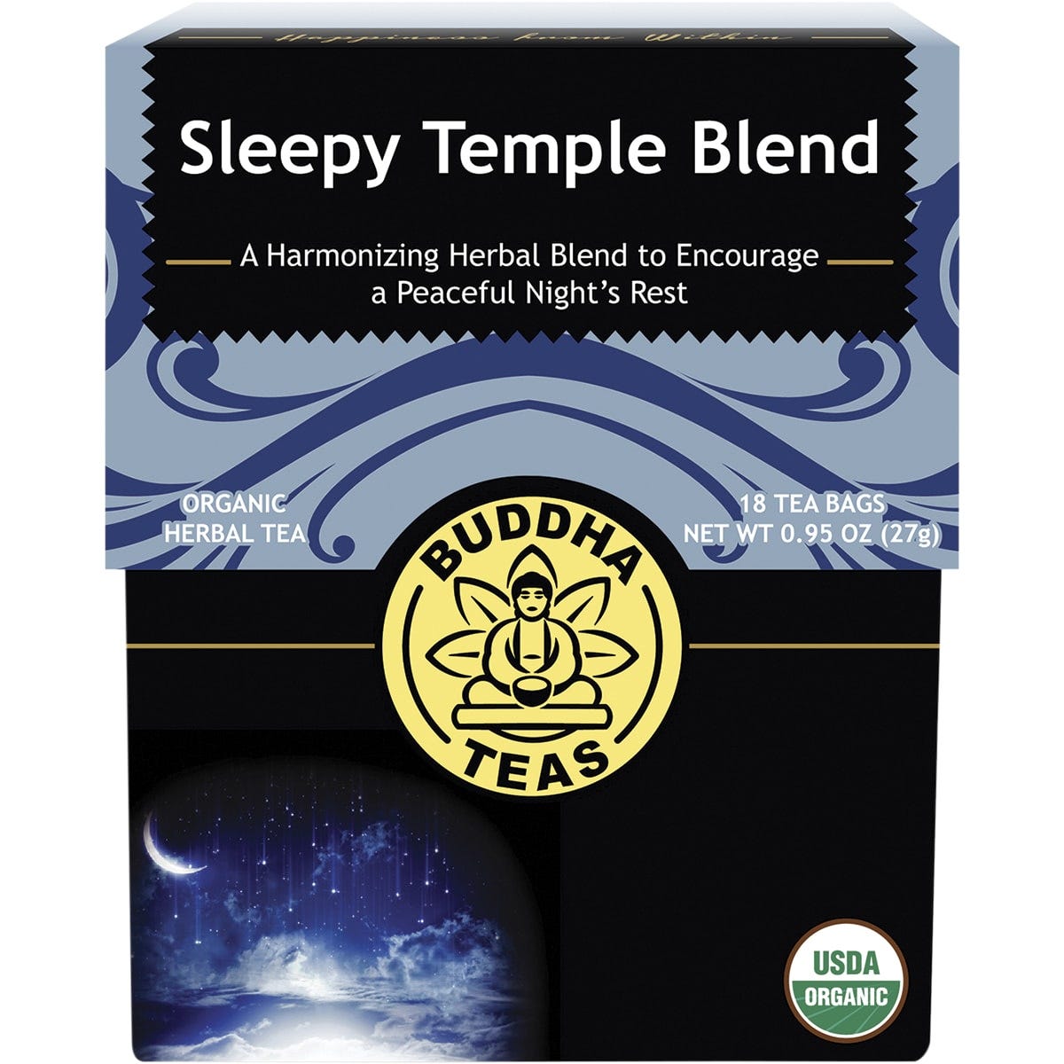 18-pack box of Buddha Teas Organic Sleepy Temple Blend herbal tea bags featuring lavender and chamomile illustrations.