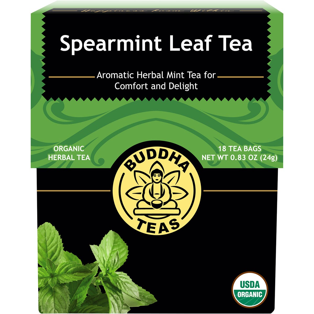 Buddha Teas Organic Spearmint Leaf Tea box featuring a light green label with a single mint leaf illustration.