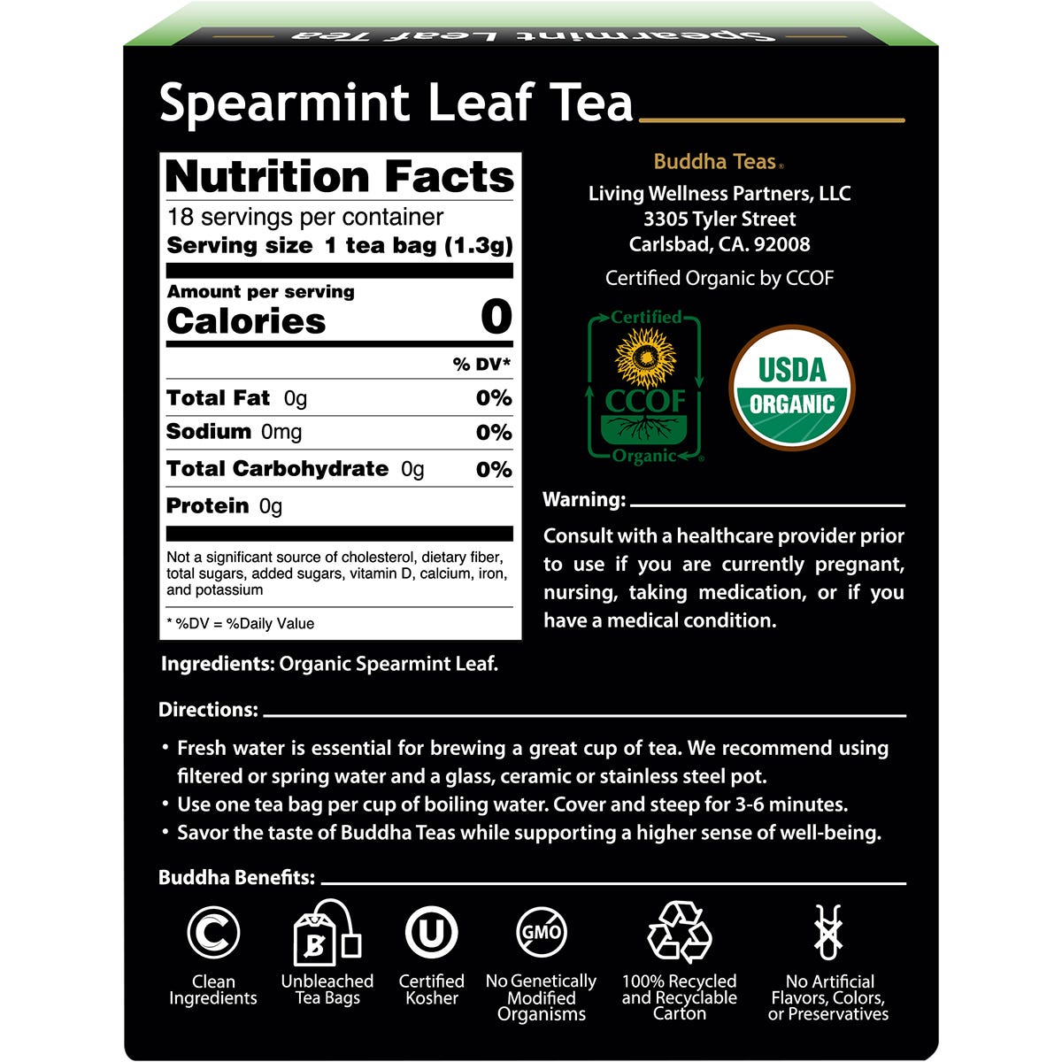 Side of a Buddha Teas Organic Spearmint Leaf Tea box detailing benefits, brewing instructions, and ingredients.