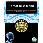 Box of 18 Buddha Teas Throat Bliss Blend organic herbal tea bags with ingredients like ginger and marshmallow root.