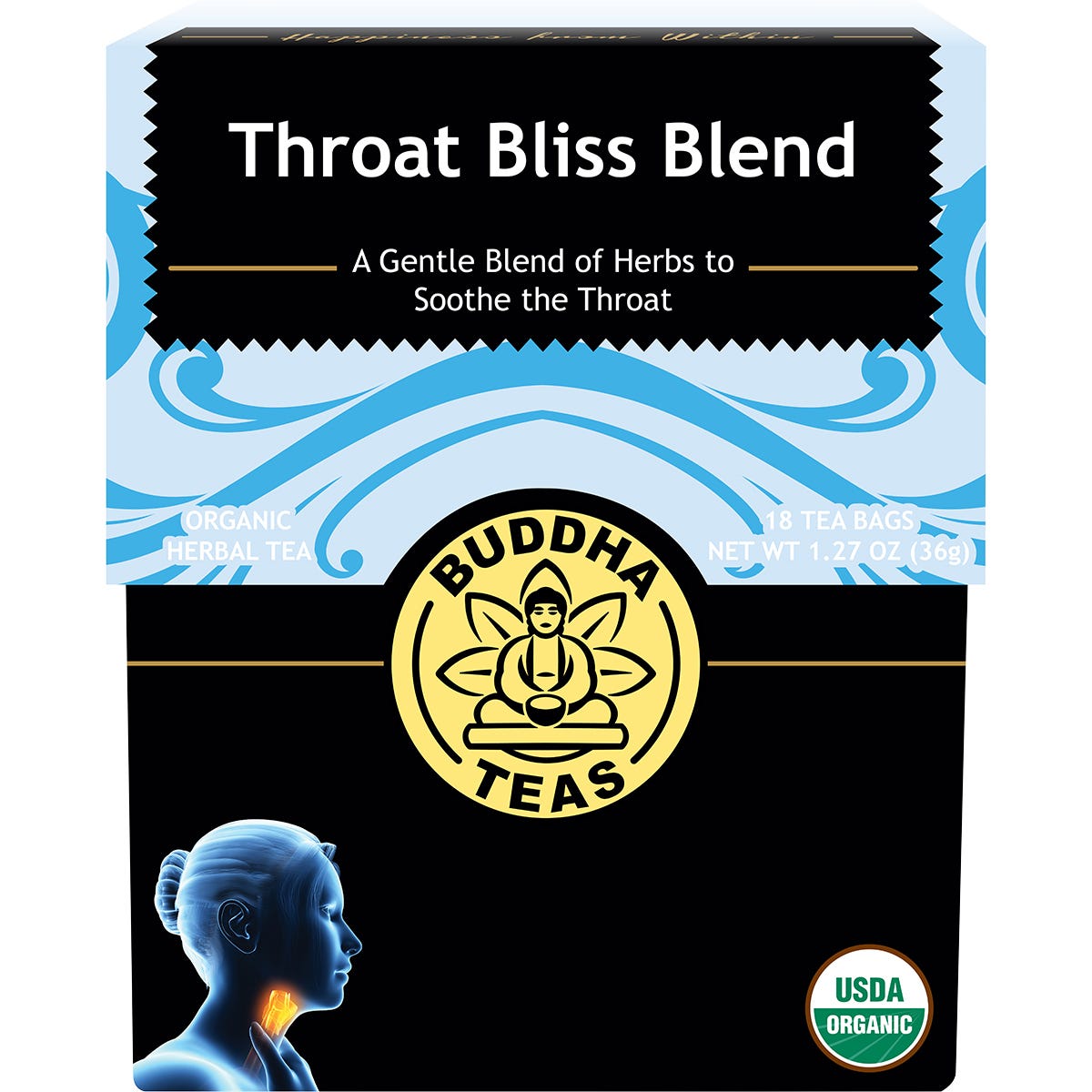 Box of 18 Buddha Teas Throat Bliss Blend organic herbal tea bags with ingredients like ginger and marshmallow root.