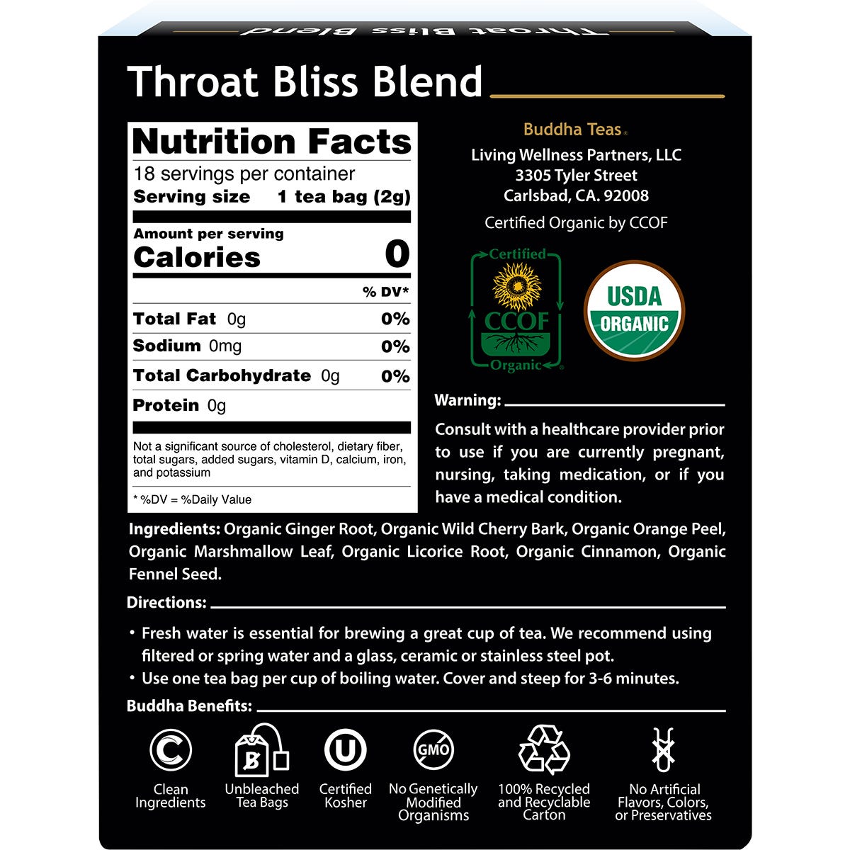 Box of 18 Buddha Teas Throat Bliss Blend organic herbal tea bags on a plain white background.