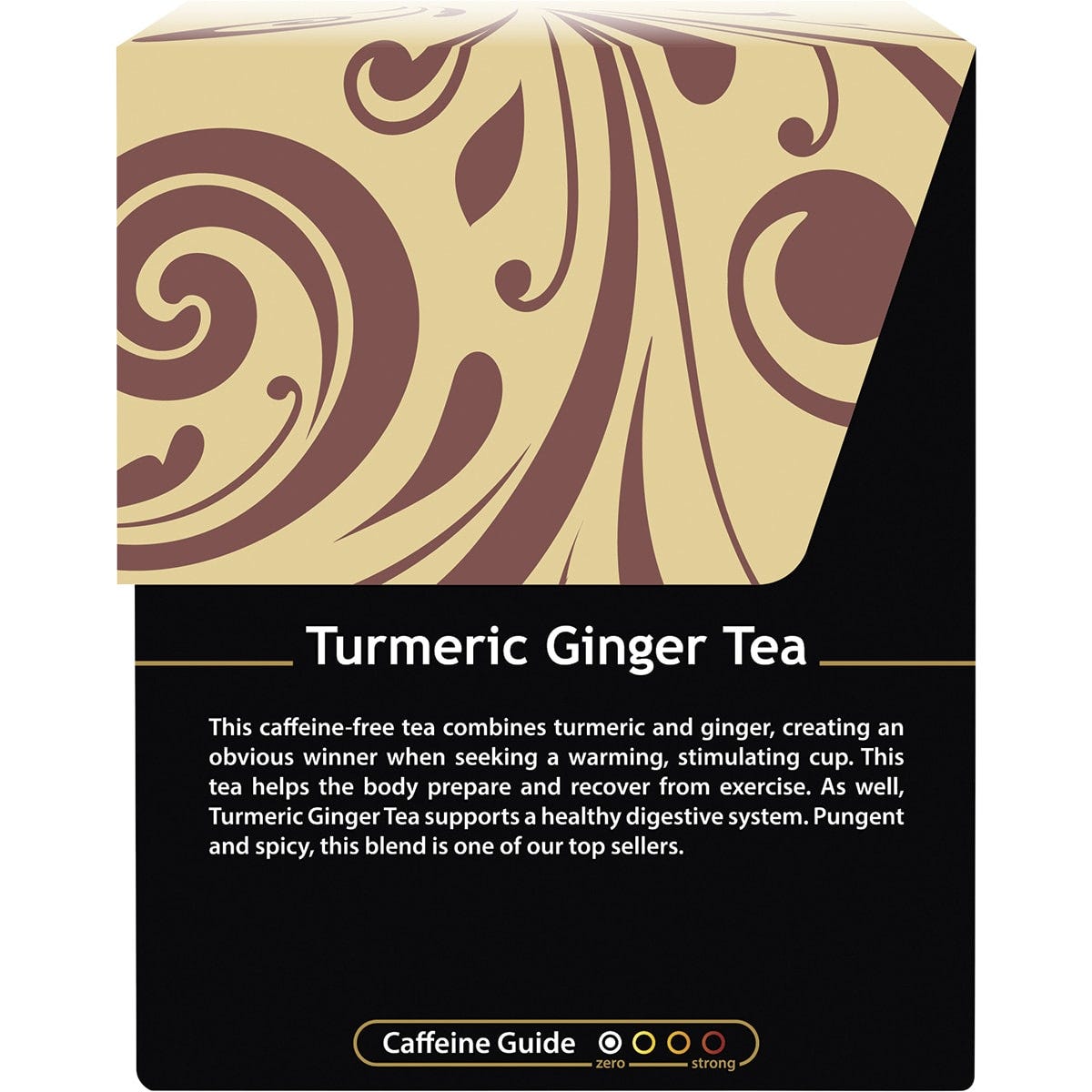 Back of Buddha Teas Organic Turmeric Ginger Tea box with nutrition facts, ingredients, and brewing instructions.