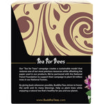 Side view of a Buddha Teas Organic Turmeric Ginger Tea box highlighting product benefits and a "Tea for Trees" logo.