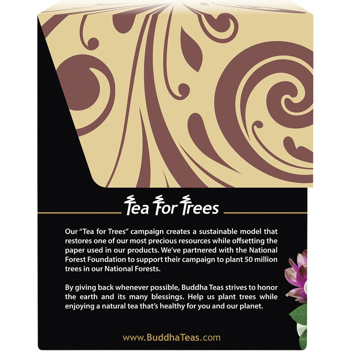 Side view of a Buddha Teas Organic Turmeric Ginger Tea box highlighting product benefits and a "Tea for Trees" logo.