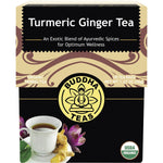 Box of 18 Buddha Teas organic turmeric ginger tea bags on a white background.