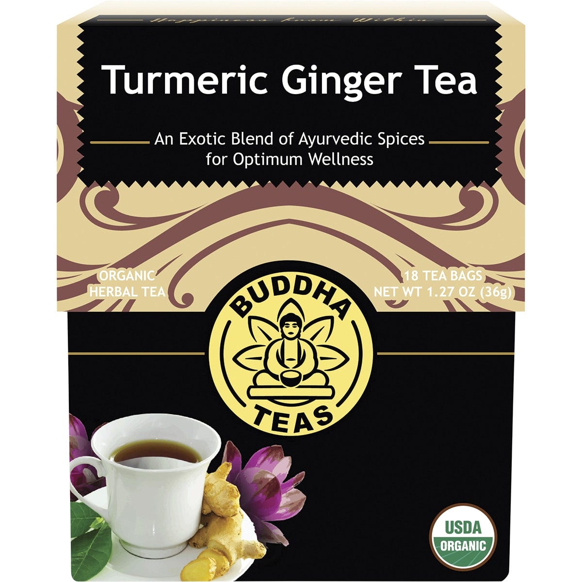Box of 18 Buddha Teas organic turmeric ginger tea bags on a white background.
