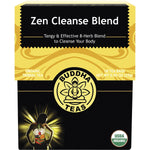 Box of 18 Buddha Teas Organic Zen Cleanse Blend herbal tea bags featuring a purple and green design.