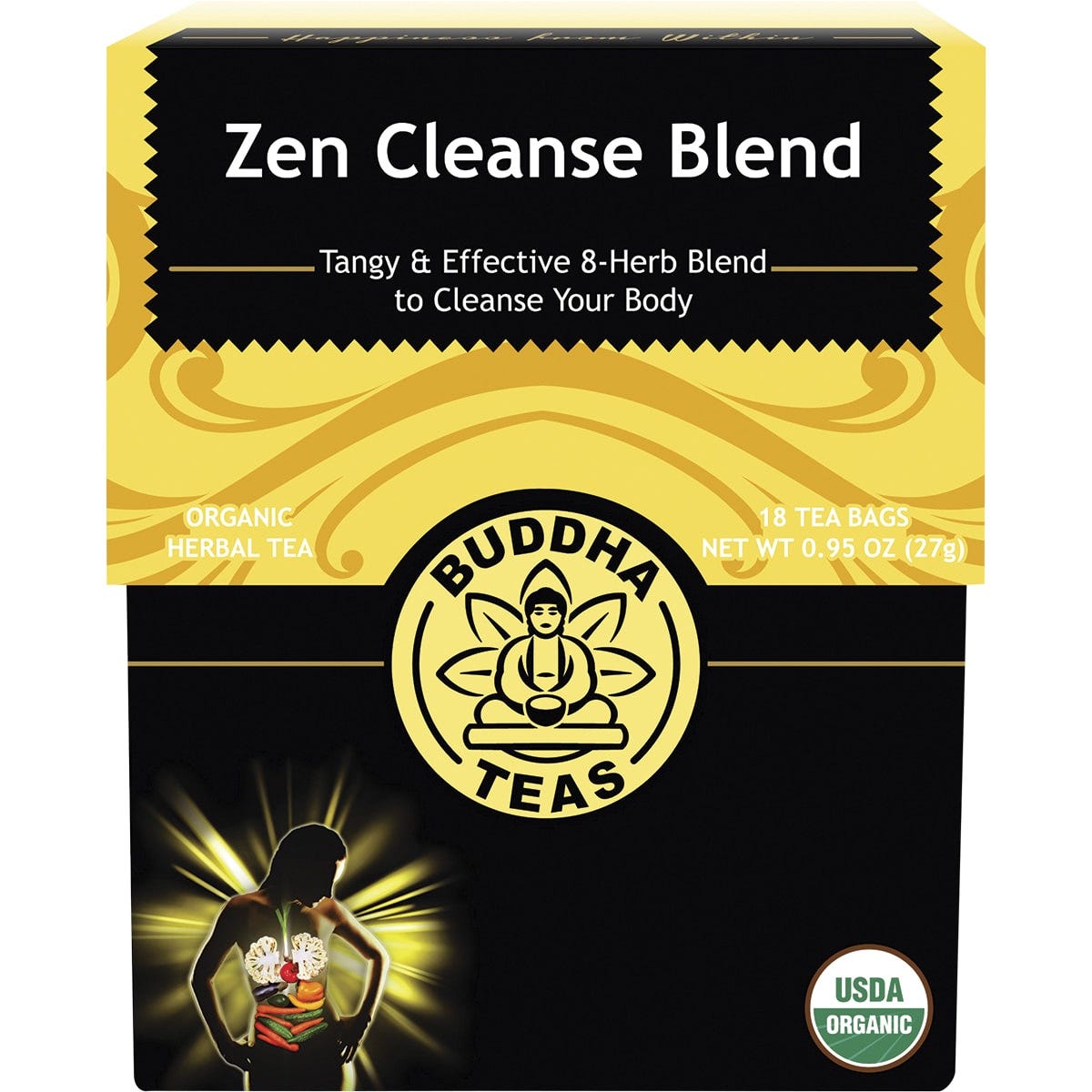Box of 18 Buddha Teas Organic Zen Cleanse Blend herbal tea bags featuring a purple and green design.