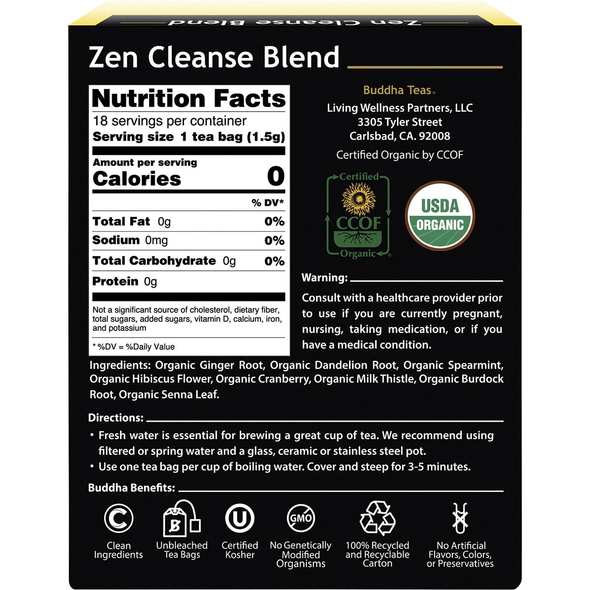 Side view of a Buddha Teas Zen Cleanse Blend box featuring purple and green accents on a white background.