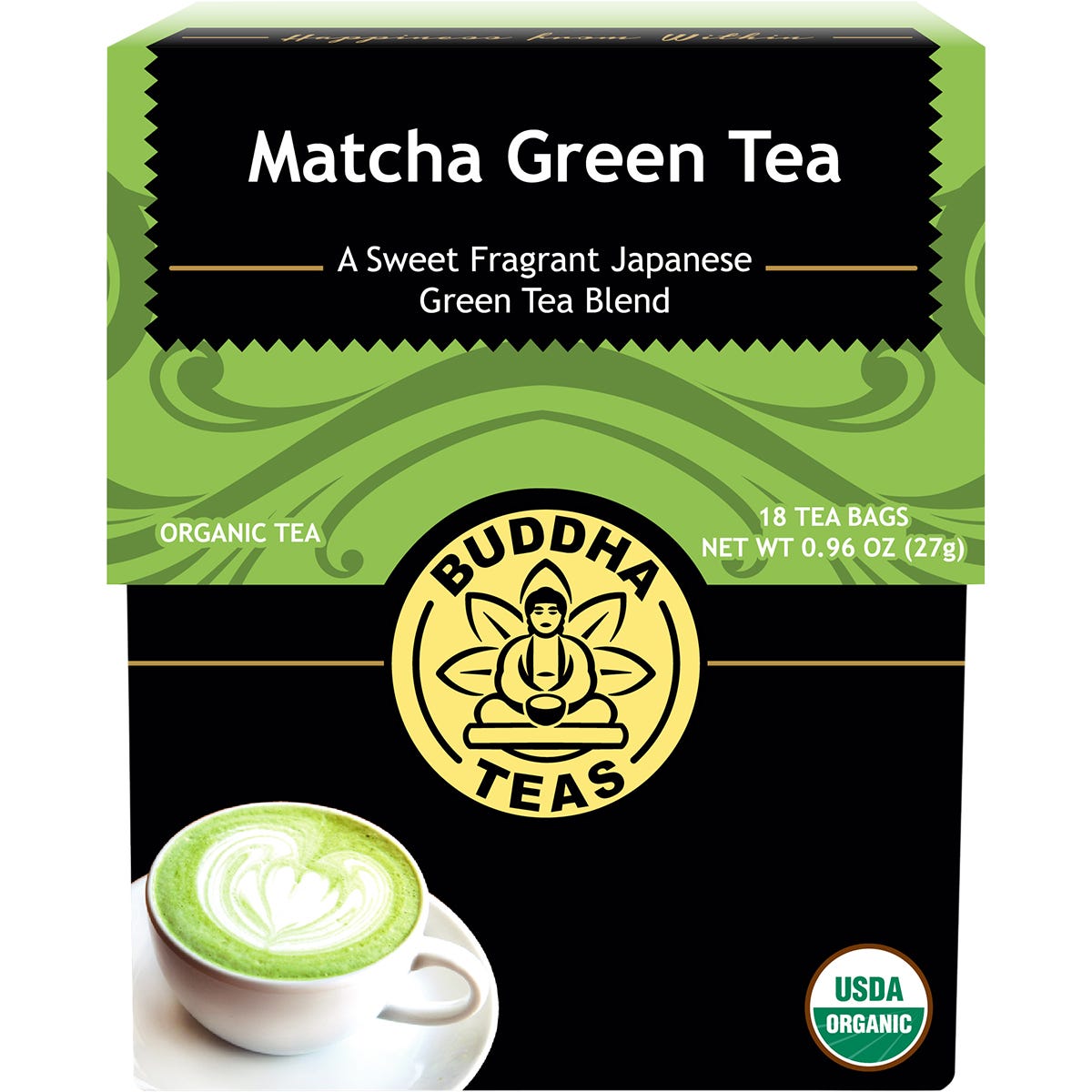 18-pack box of Buddha Teas Organic Matcha Green Tea with a green tea cup illustration and Zen-inspired branding.