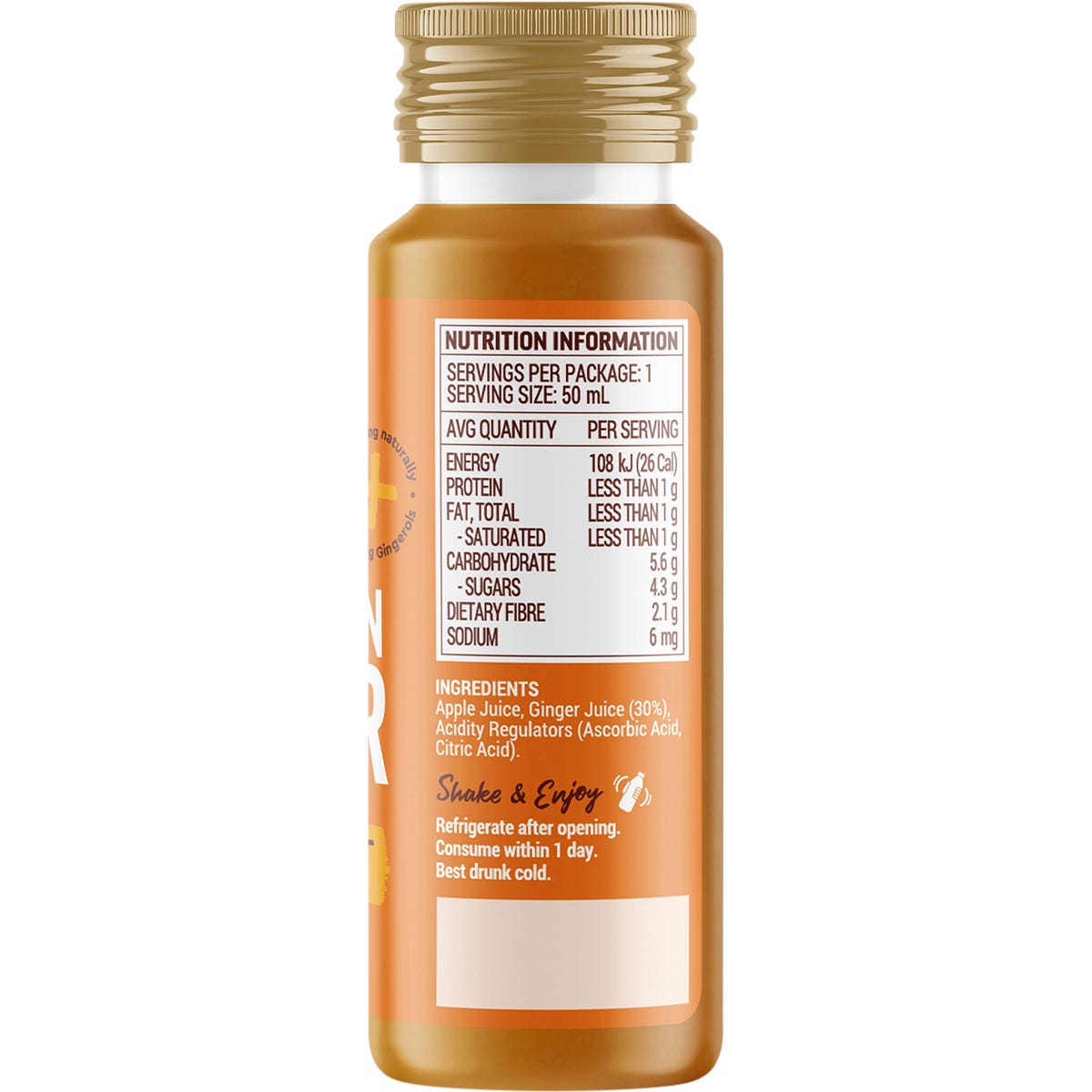 50ml bottle of Buderim Ginger Australian Ginger Vitality Shot with a white label and fresh ginger root illustrations.