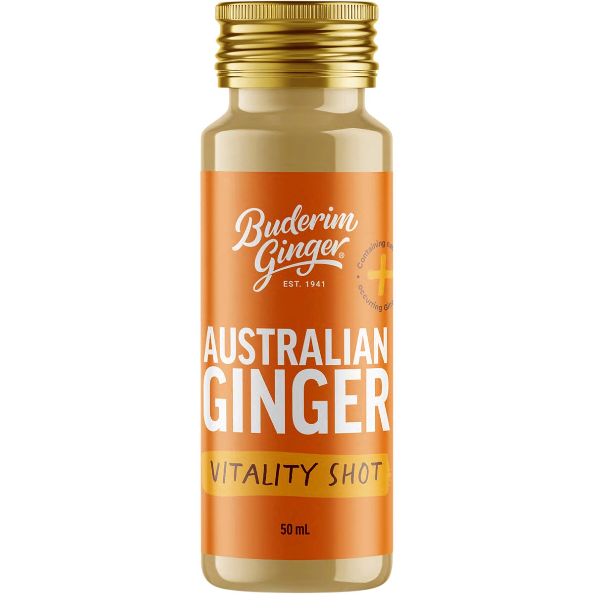 Pack of 10 Buderim Ginger Australian Ginger Vitality Shots in a white box with fresh ginger root illustrations.