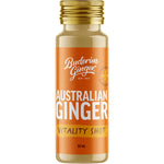 Pack of 10 Buderim Ginger Australian Ginger Vitality Shots in a white box with fresh ginger root illustrations.
