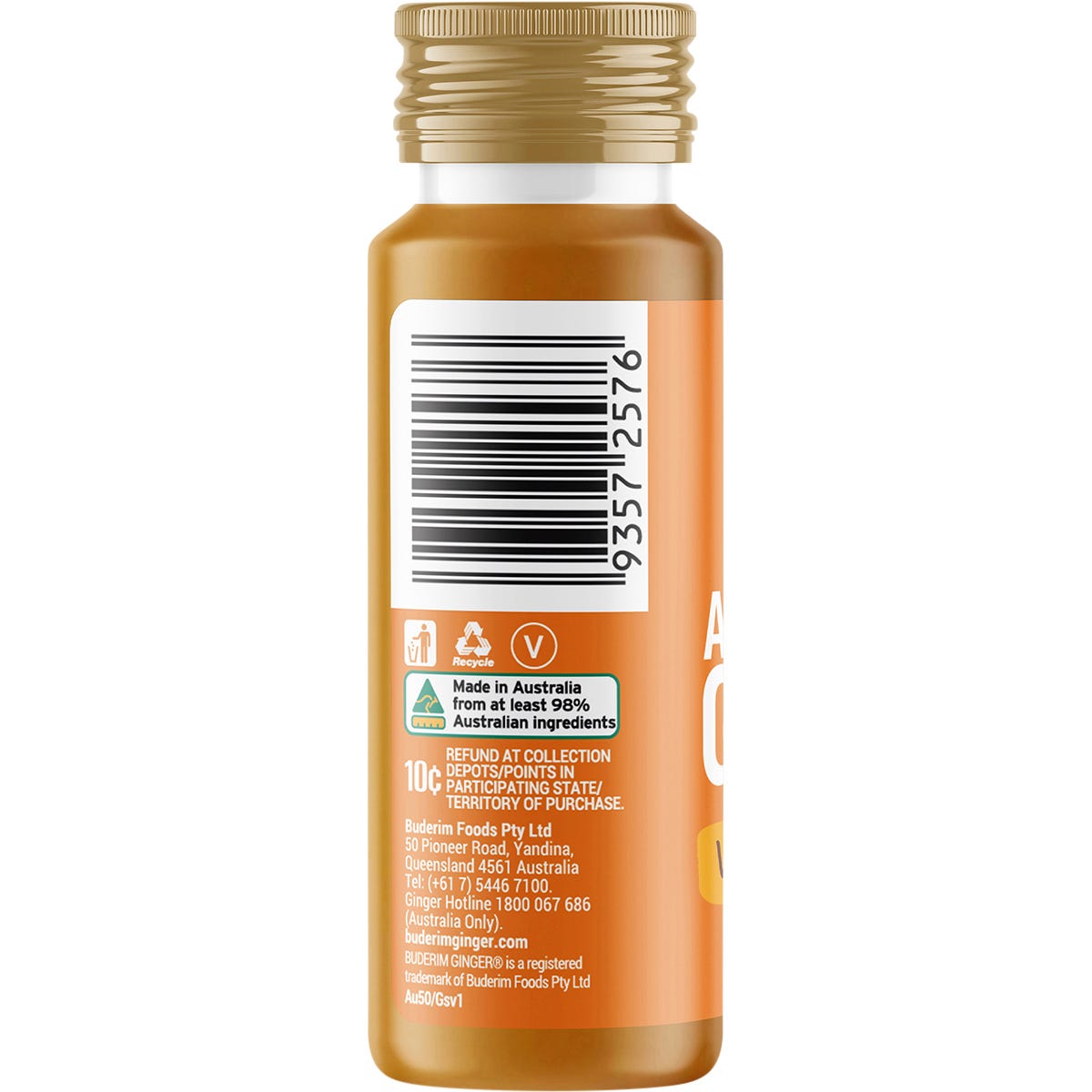 Buderim Ginger Australian Ginger Vitality Shot 50ml bottle with a white label and fresh ginger root illustration.