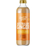 350ml bottle of Buderim Ginger Australian Ginger Vitality Shots featuring a yellow label with ginger root illustrations.