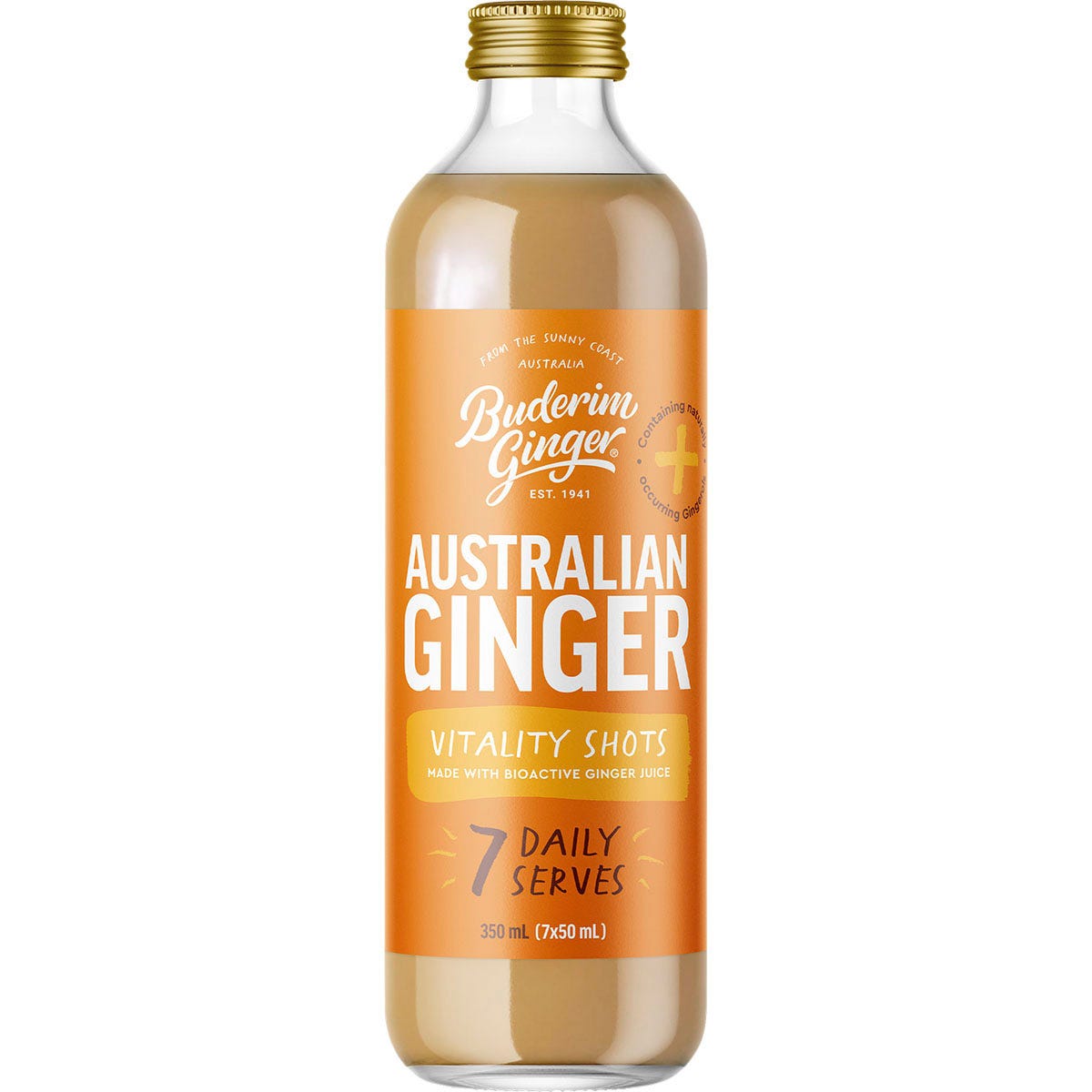 350ml bottle of Buderim Ginger Australian Ginger Vitality Shots featuring a yellow label with ginger root illustrations.