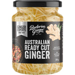 200g pouch of Buderim Ginger Australian Ready Cut Ginger featuring thin, pre-cut strips on a white background.