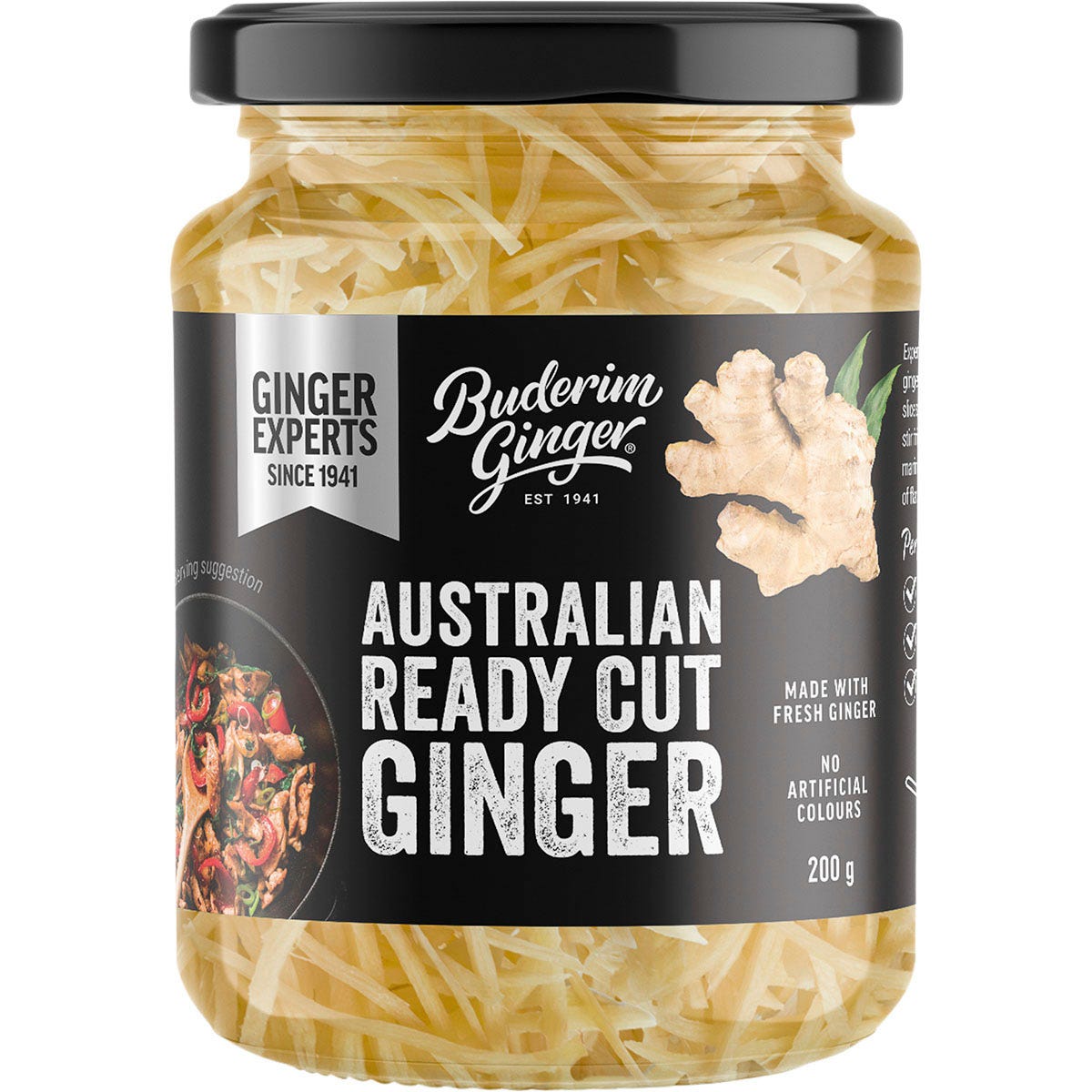 200g pouch of Buderim Ginger Australian Ready Cut Ginger featuring thin, pre-cut strips on a white background.