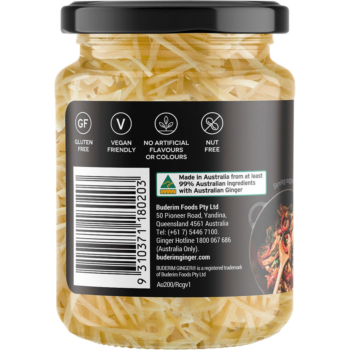 Buderim Ginger Australian Ready Cut Ginger 200g pouch showing nutritional information and ingredients.