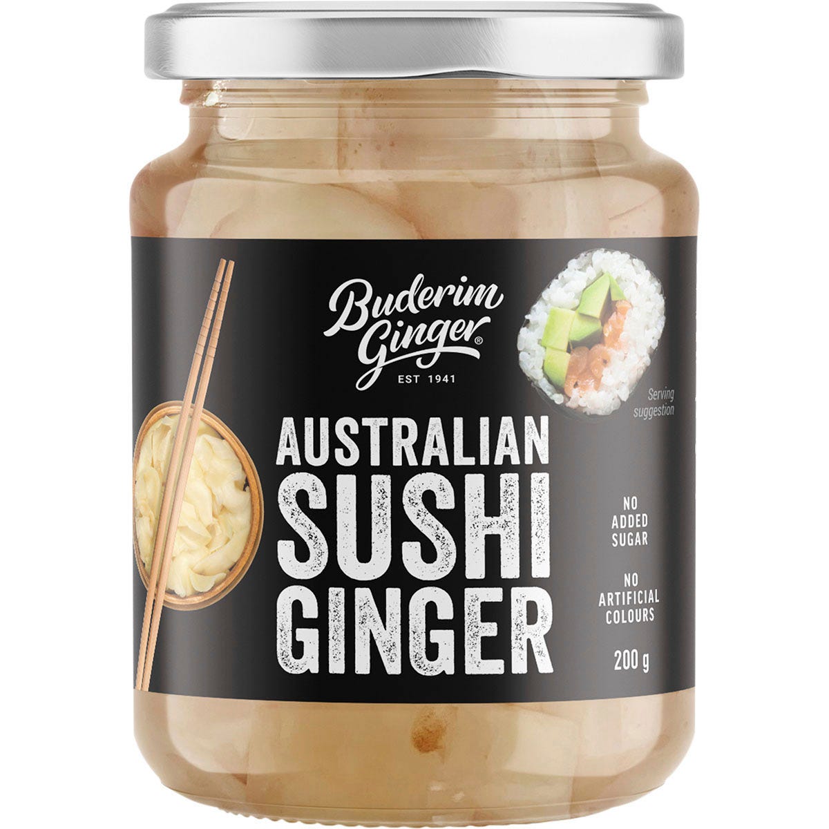 200g jar of Buderim Ginger Australian Sushi Ginger with a white label and gold lid on a white background.