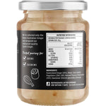 Side view of a 200g jar of Buderim Ginger Australian Sushi Ginger with a white label and gold lid on a white background.