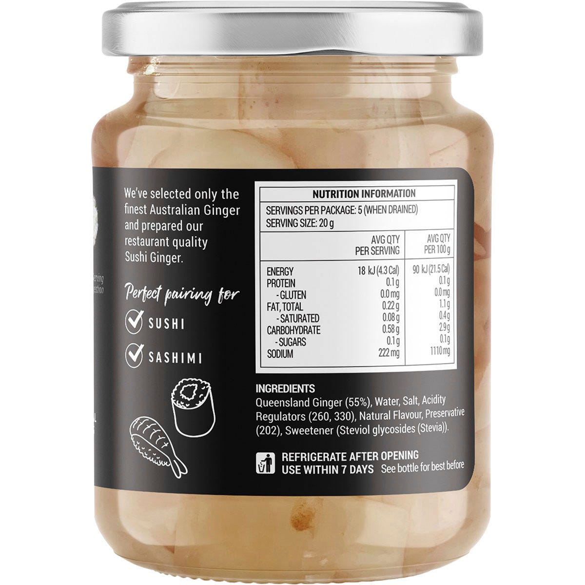 Side view of a 200g jar of Buderim Ginger Australian Sushi Ginger with a white label and gold lid on a white background.
