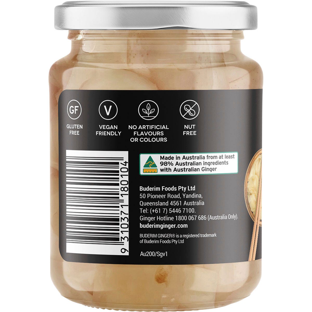 Buderim Ginger Australian Sushi Ginger 200g jar with a gold lid and white label against a white background.