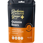 150g pouch of Buderim Ginger BioActive+ Gummie Bears featuring a ginger root and gummie bear illustration.