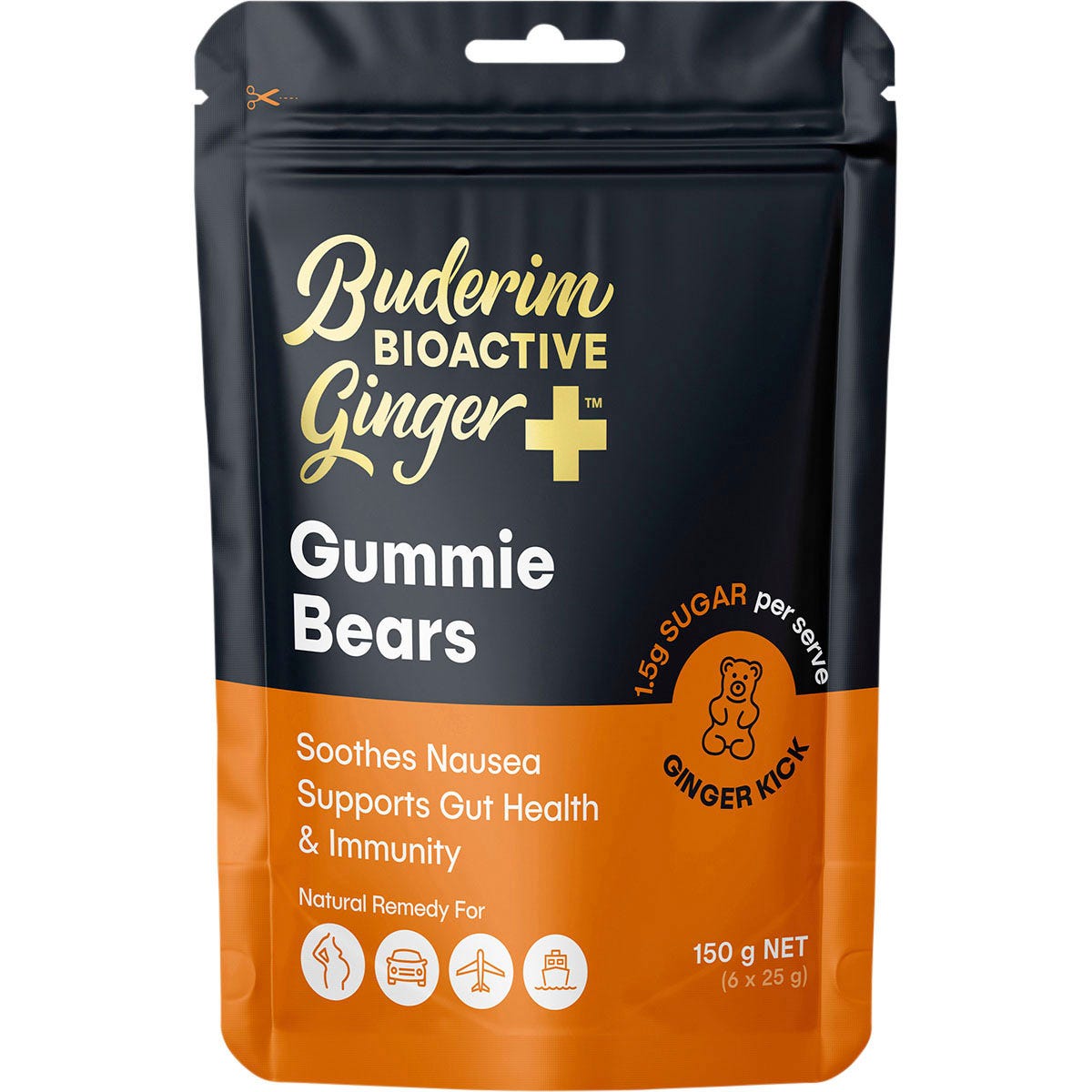 150g pouch of Buderim Ginger BioActive+ Gummie Bears featuring a ginger root and gummie bear illustration.