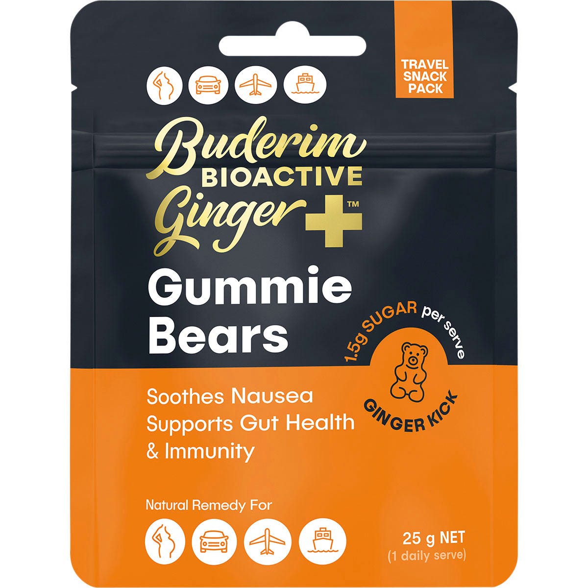 25g pack of Buderim Ginger BioActive+ Gummie Bears for nausea relief and gut health.