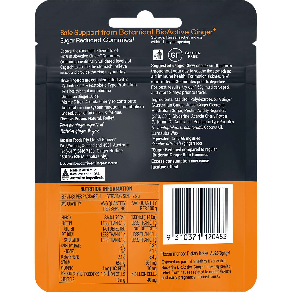 Back of a 25g Buderim Ginger BioActive+ Gummie Bears pack showing nutritional information and Australian made logo.