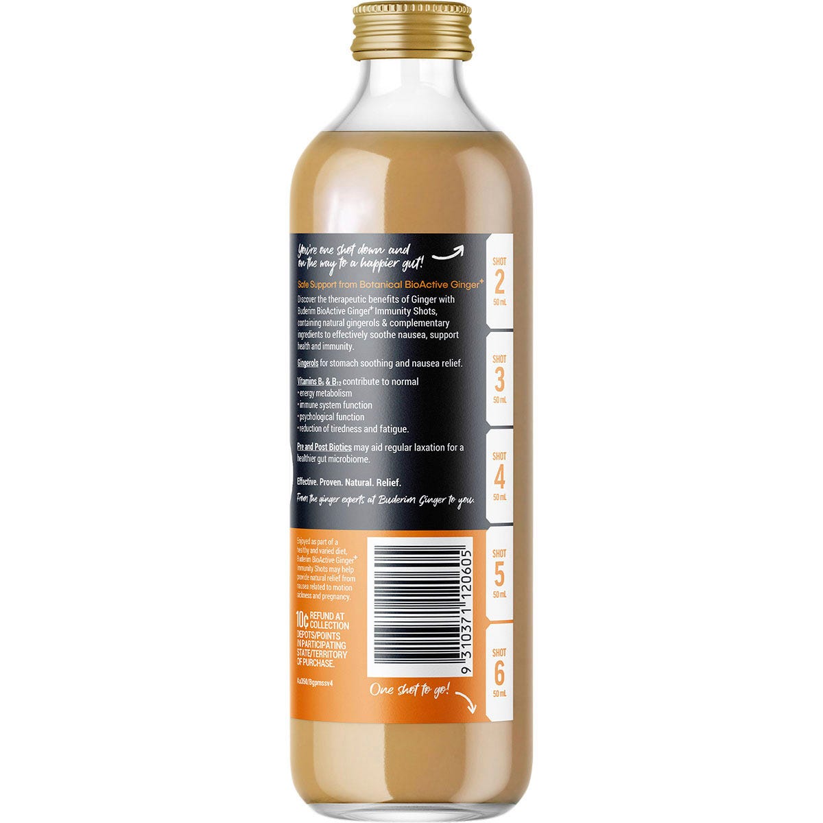 Side view of a 350ml Buderim Ginger BioActive+ Immunity Shot bottle showing nutrition facts and ingredients.
