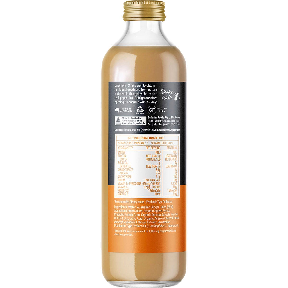 Buderim Ginger BioActive+ Immunity Shot 350ml bottle with a yellow and white label on a plain white background.