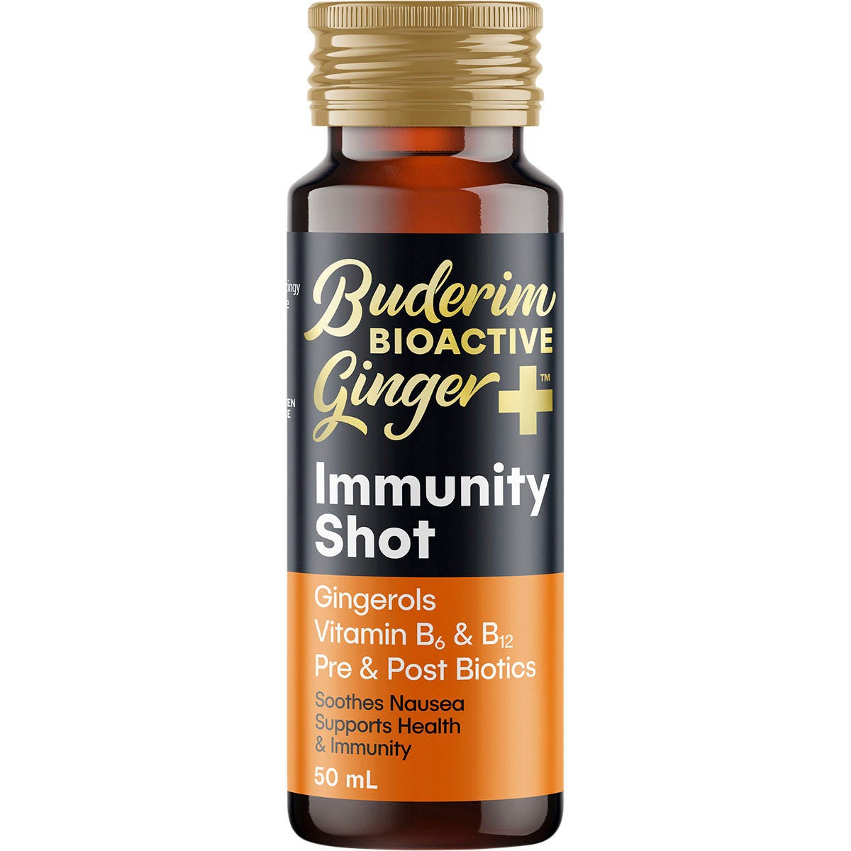 Buderim Ginger BioActive+ Immunity Shot 50ml 10-pack box with a single glass bottle on a white background.