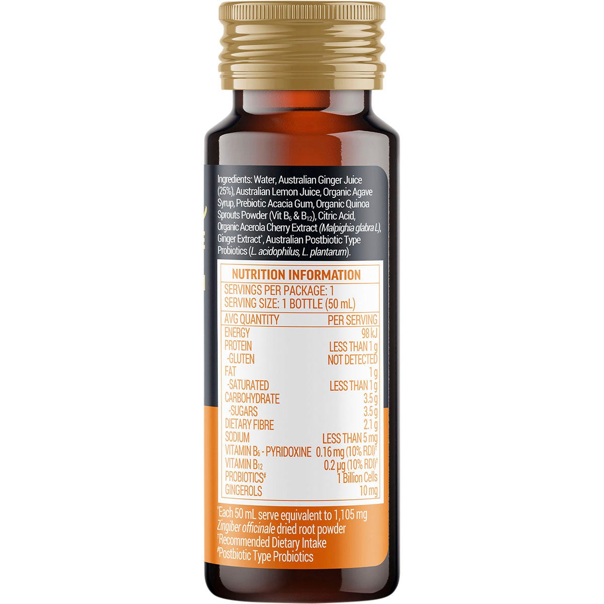 50ml amber glass bottle of Buderim Ginger BioActive+ Immunity Shot with a white label on a white background.