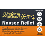 Buderim Ginger BioActive+ Nausea Relief 20 capsules box with blister pack of ginger-based nausea relief tablets.