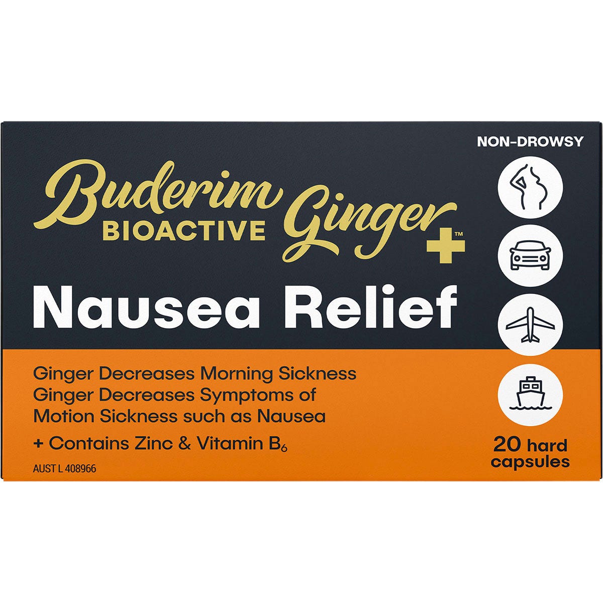 Buderim Ginger BioActive+ Nausea Relief 20 capsules box with blister pack of ginger-based nausea relief tablets.