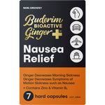 Buderim Ginger BioActive+ Nausea Relief 7-pack of capsules in a white and yellow box on a white background.