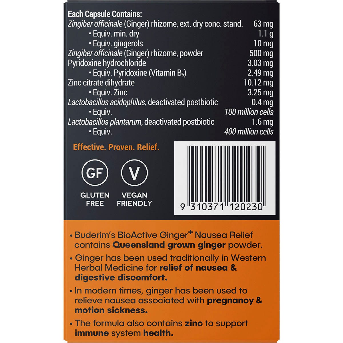 Buderim Ginger BioActive+ Nausea Relief 7-pack box with a yellow and white design on a white background.